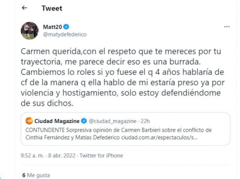 Matías Defederico cruzó con todo a Carmen Barbieri tras su defensa a Cinthia Fernández: "Decir eso es una burrada"