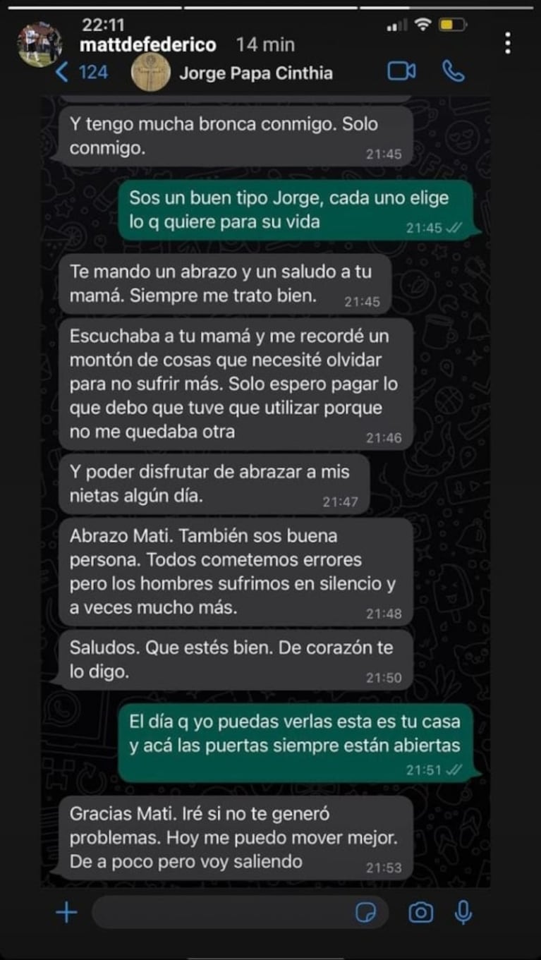 Matías Defederico expuso sus fuertes chats con el padre de Cinthia Fernández: "Tres años sin ver a las nenas"