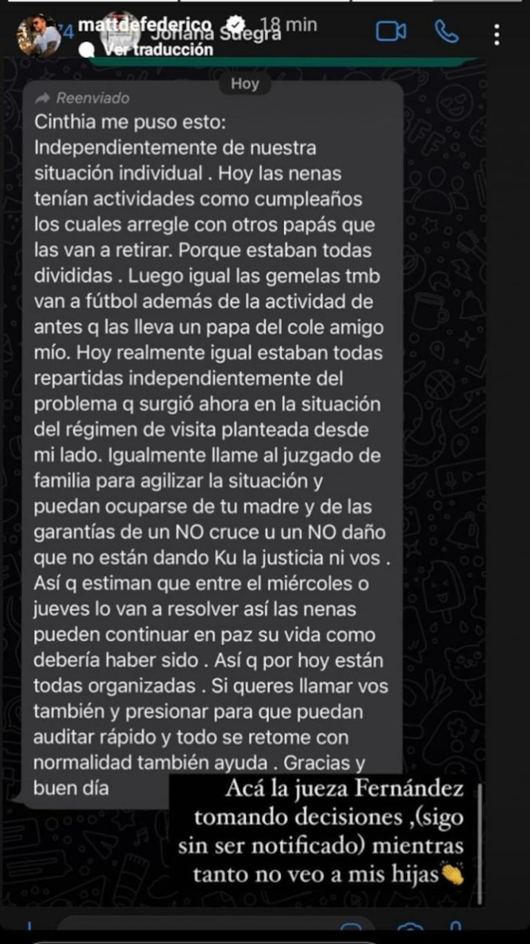 Matías Defederico expuso un mensaje de la mamá de Cinthia Fernández e ironizó sobre su ex: "Acá la jueza"