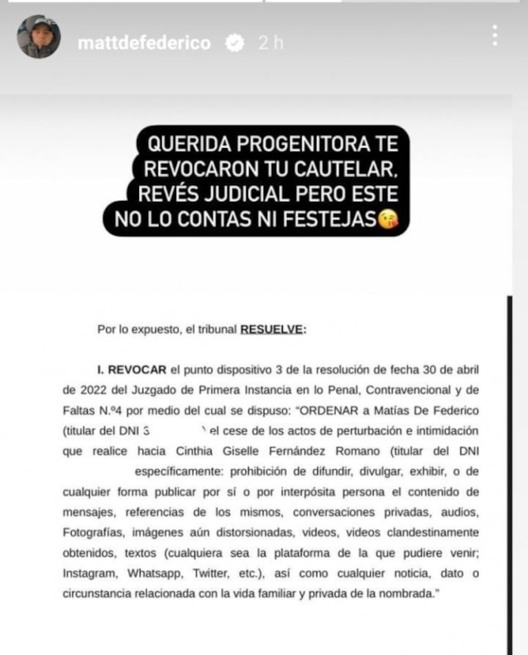 Matías Defederico le dedicó fuertísimos posteos a Cinthia Fernández: "La única traba del amor con mis hijas sos vos"