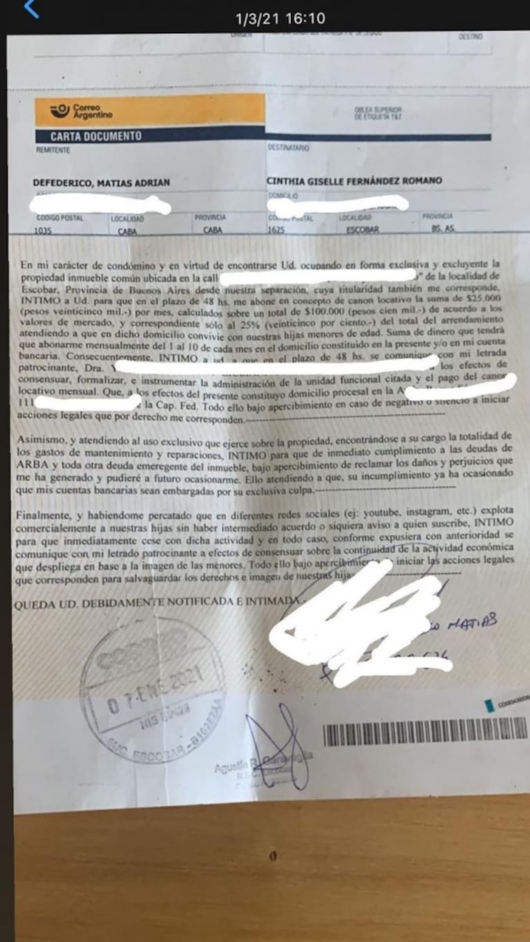 Matías Defederico salió al cruce de Cinthia Fernández: "Ella debe de pagar impuestos y expensas del inmueble"