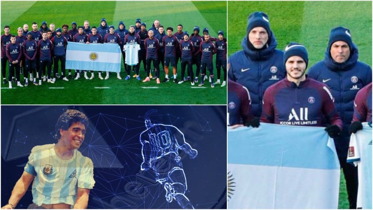 Mauro Icardi y el gesto que generó polémica en el homenaje del PSG a Diego Maradona (Fotos: Twitter y Web)