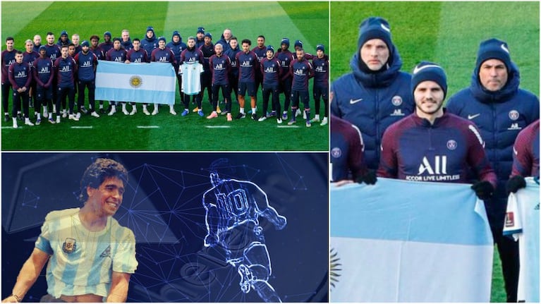 Mauro Icardi y el gesto que generó polémica en el homenaje del PSG a Diego Maradona (Fotos: Twitter y Web)