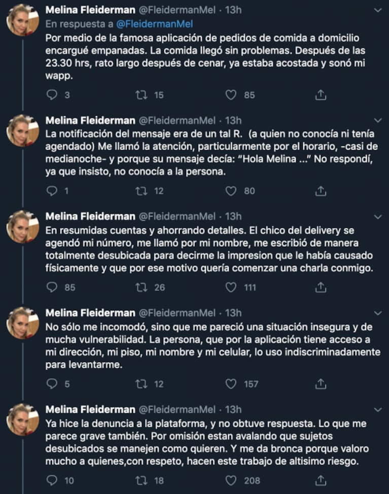 Melina Fleiderman contó el acoso que sufrió de un repartidor de comida: "Me sentí insegura y vulnerable"