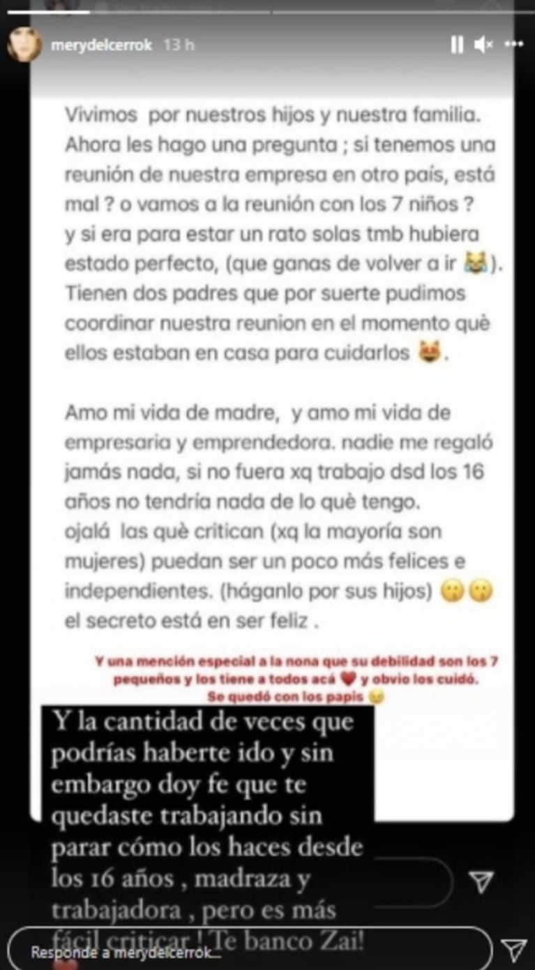 Mery del Cerro defendió con todo a Zaira Nara por las críticas que recibió por viajar sin sus hijos: "Te banco"