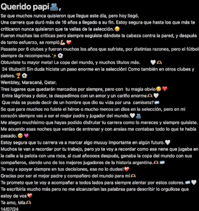 Mía, la hija mayor de Ángel, reflexionó sobre el paso al costado de su padre en su carrera.