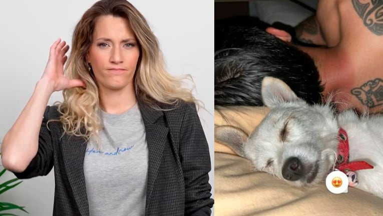 Mica Viciconte mostró cómo duerme Fabián Cubero con su mascota mientras ella amamanta a su hijo.