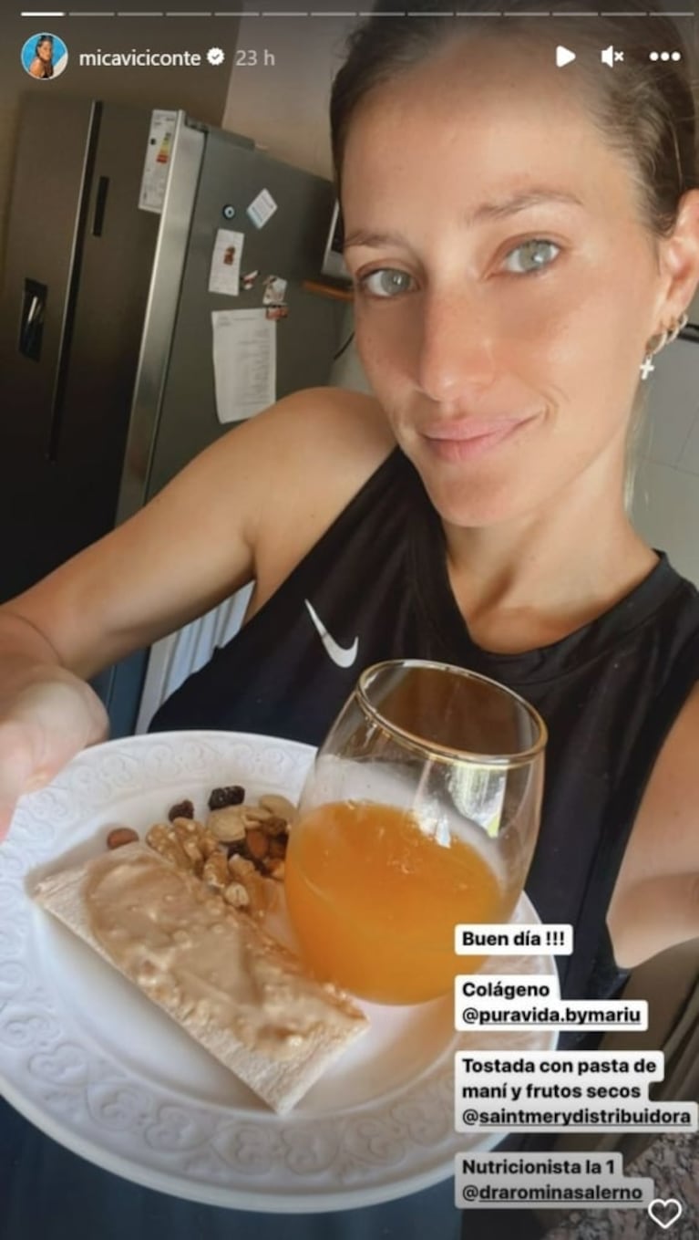 Mica Viciconte reveló en qué consiste su desayuno energético antes de ir a entrenar: colágeno con jugo de naranja, tostada de arroz con pasta de maní y frutos secos