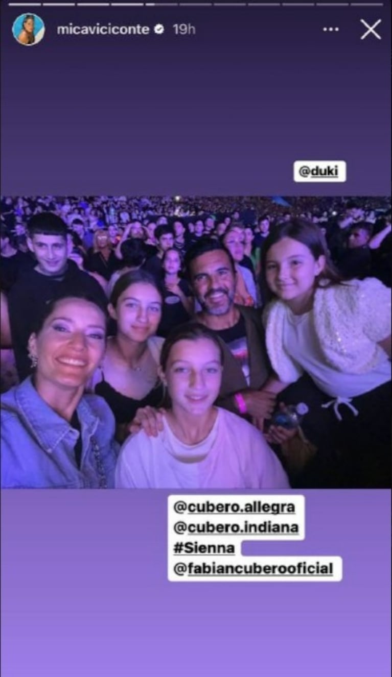 Mica Viciconte, súper compinche con las hijas de Fabián Cubero y Nicole Neumann en el recital de Duki