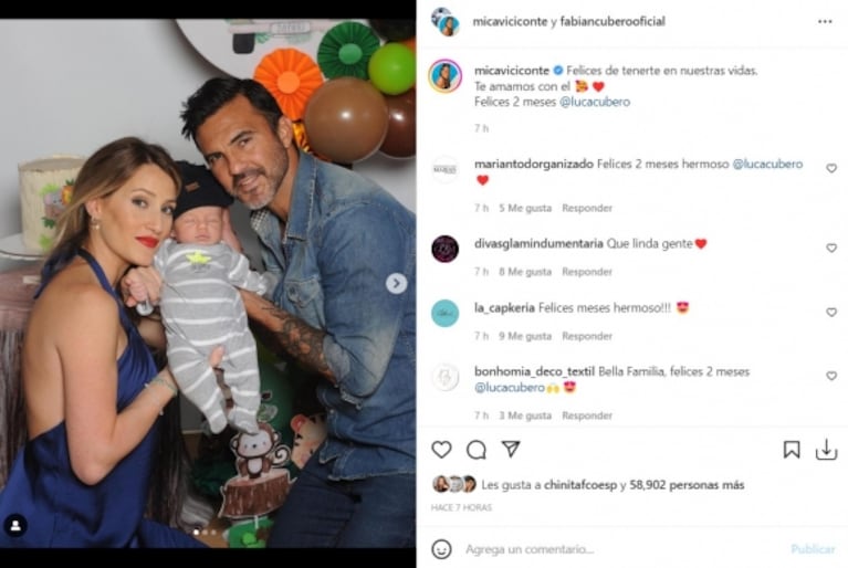 Mica Viciconte y Fabián Cubero fueron sorprendidos con una torta para Luca, que cumplió dos meses