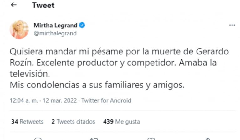 Mirtha Legrand, conmovida por la muerte de Gerardo Rozín: "Amaba la televisión; mis condolencias a sus familiares"