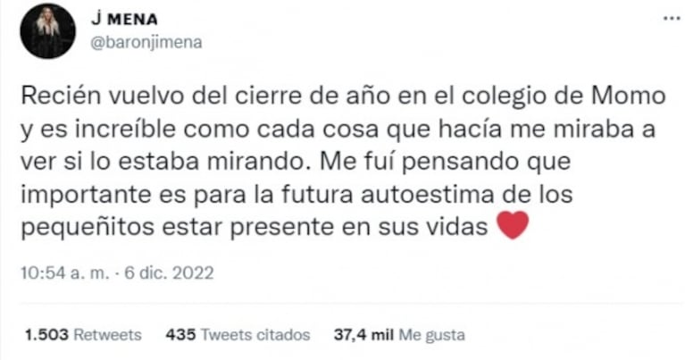 Momo Osvaldo terminó las clases y Jimena Barón hizo una conmovedora reflexión