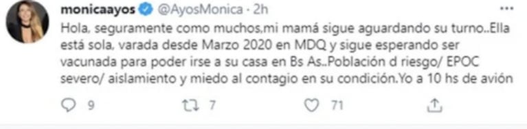 Mónica Ayos hizo un desesperado pedido por su mamá: "Está sola y varada en Mar del Plata"