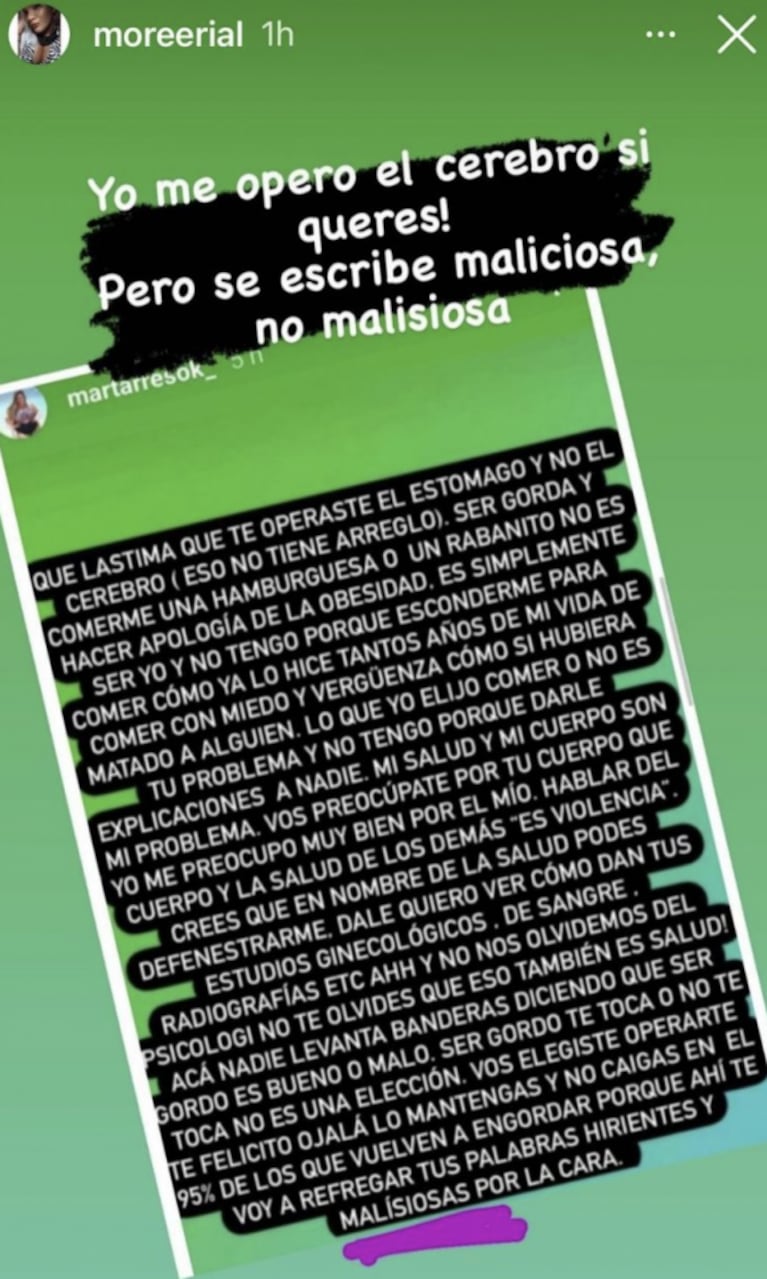 More Rial le respondió con ironía a Mar Tarrés tras su polémico ataque: "Yo me opero el cerebro si querés"