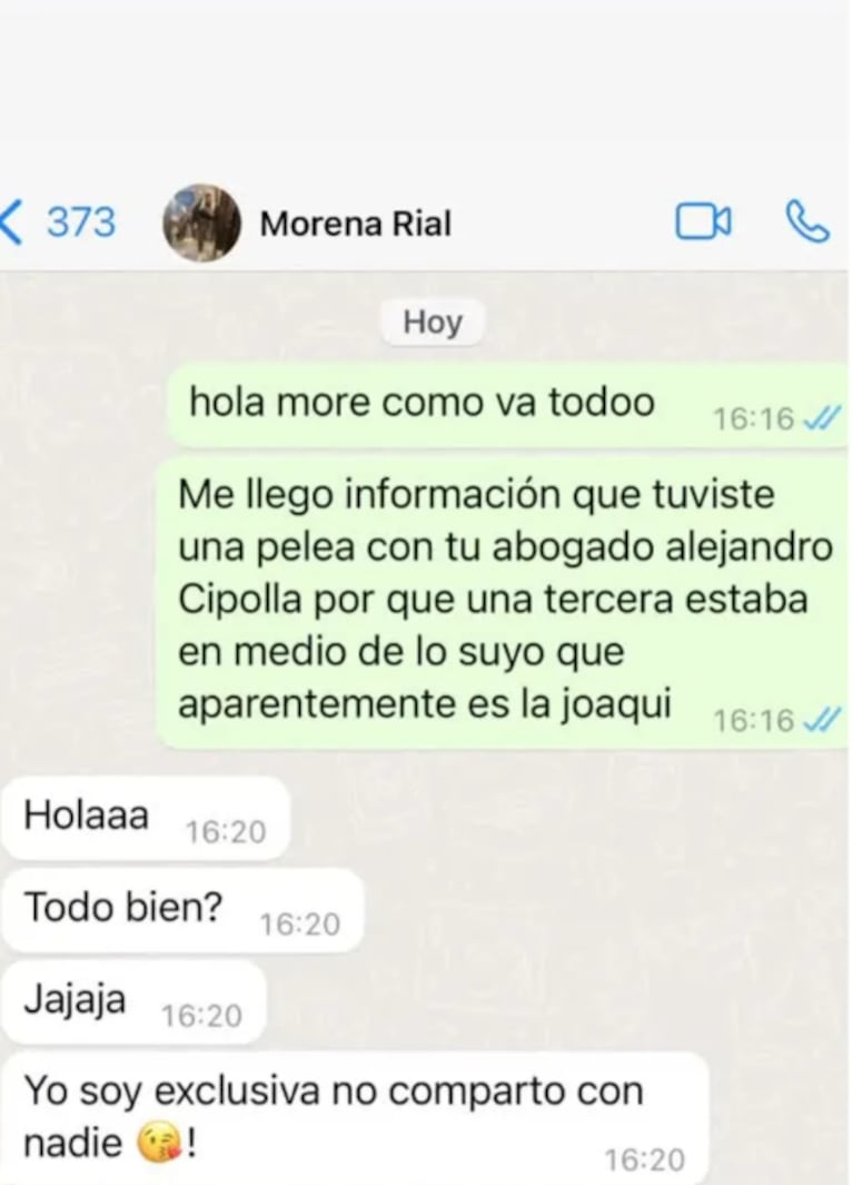 Morena Rial habló de Alejandro Cipolla y su relación con La Joaqui: “Soy exclusiva, no comparto”