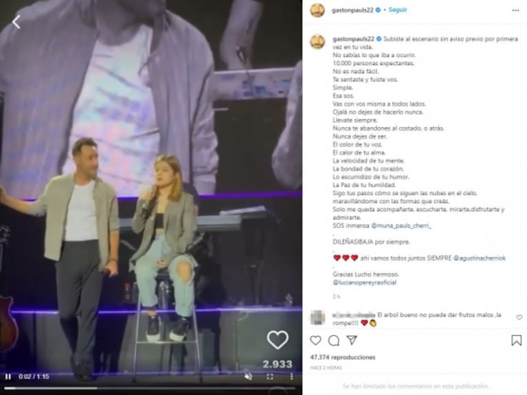 Muna, la hija de Agustina Cherri y Gastón Pauls, debutó como cantante junto a Luciano Pereyra: el video y la emoción de los actores