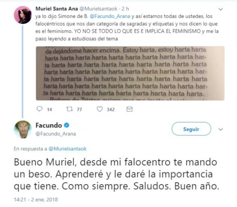 Muriel Santa Ana salió a cruzar a Facundo Arana en Twitter: la frase del actor sobre las mujeres que indignó a la actriz