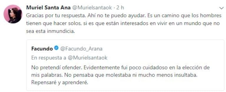 Muriel Santa Ana salió a cruzar a Facundo Arana en Twitter: la frase del actor sobre las mujeres que indignó a la actriz