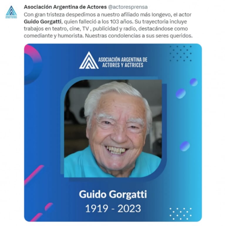 Murió el actor Guido Gorgatti a los 103 años: "Lo despedimos con gran tristeza"