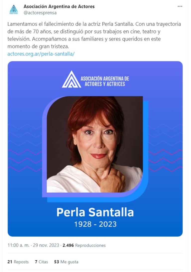 Murió la actriz Perla Santalla a los 95 años