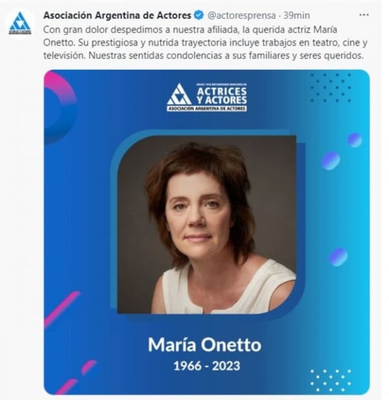 Murió la reconocida actriz María Onetto a los 56 años