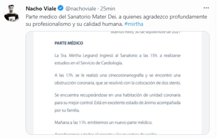 Nacho Viale habló tras la cirugía de urgencia a Mirtha Legrand: “Mi abuela está muy bien”