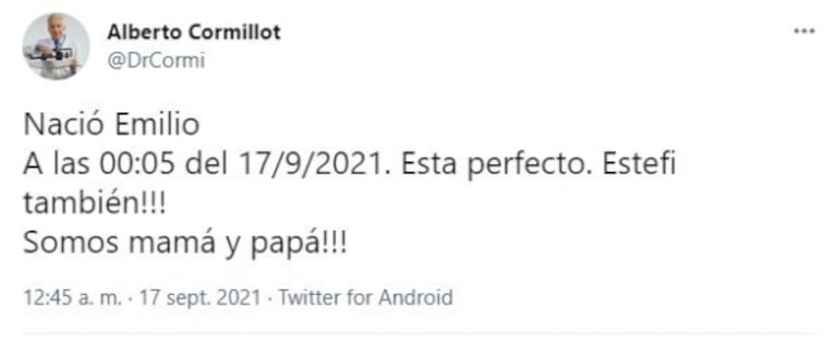 Nació Emilio, el hijo del doctor Alberto Cormillot y Estefanía Pasquini: “Está perfecto”