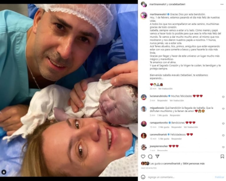 Nació Isabella, la hija de Cora Debarbieri con Martín Arévalo y compartieron su primera foto