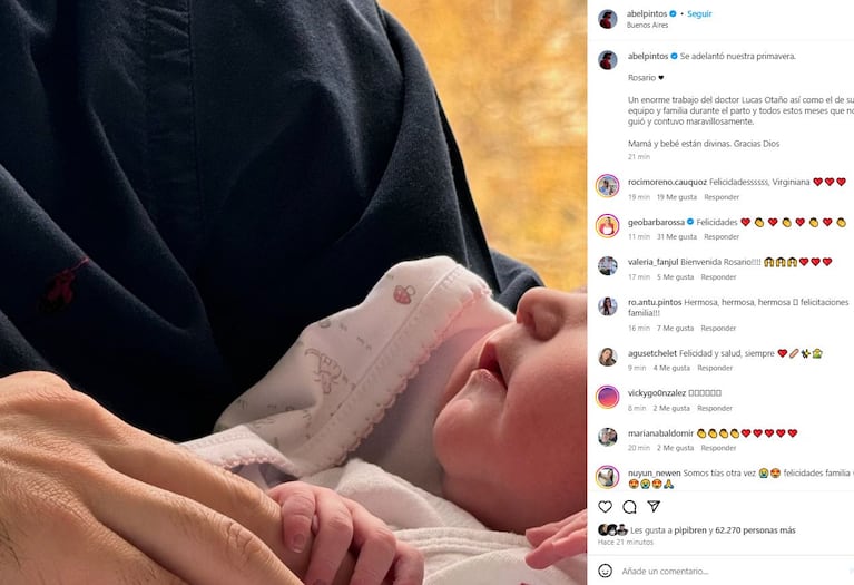 Nació Rosario, la hija de Abel Pintos y Mora Calabrese: su primera foto