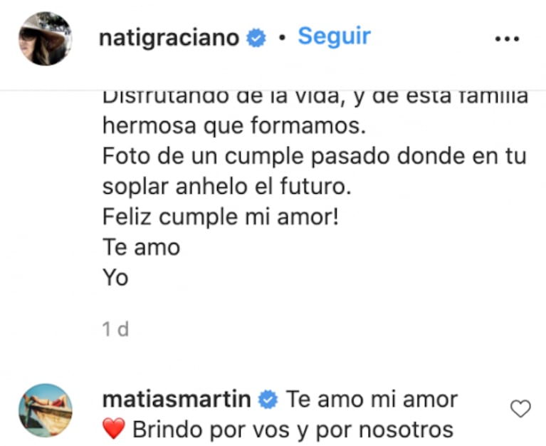 Natalia Graciano le dedicó a Matías Martin un tierno mensaje por su cumpleaños: "Brindo por estar juntos"