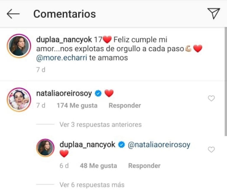 Natalia Oreiro y Nancy Dupláa cruzaron mensajes buena onda en las redes por el cumpleaños de la hija de Pablo Echarri