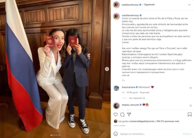 Natalia Oreiro y su hijo recibieron la ciudadanía rusa: "Es un acto enorme de amor"
