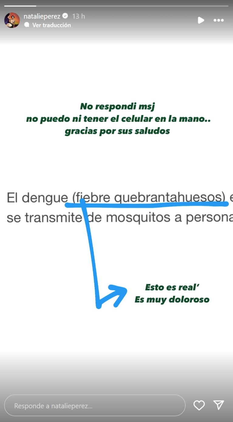 Natalie Pérez contrajo dengue y reveló el síntoma que más la desespera: “Es muy doloroso”