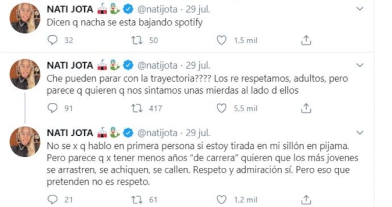 Nati Jota se metió en la guerra entre artistas e influencers: "Te hacés viejo cuando querés respeto por tu antigüedad"