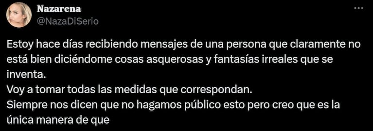 Naza le advirtió a su acosador que tomará medidas para frenarlo. Foto IG | nazadiserio