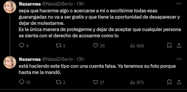 Naza le advirtió a su acosador que tomará medidas para frenarlo. Foto IG | nazadiserio