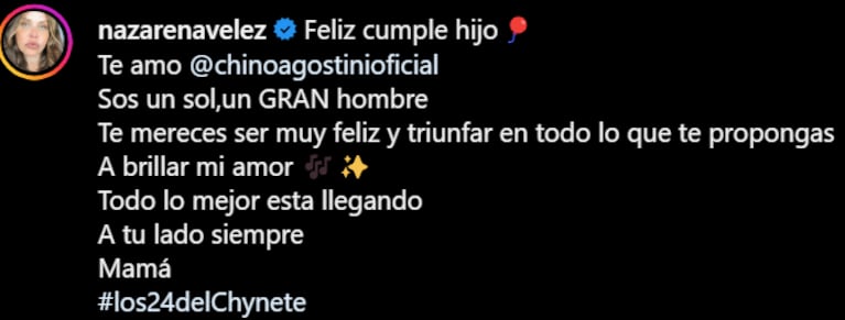 Nazarena le dedicó a Chyno un dulce mensaje.