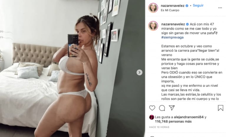 Nazarena Vélez compartió fotos en ropa interior para hablar de sus complejos: "Mirando cómo se me cae todo"