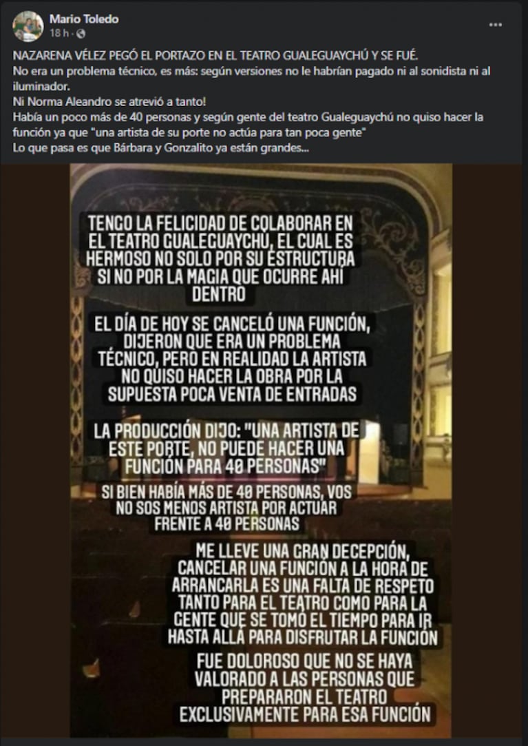 Nazarena Vélez salió al cruce tras las acusaciones por suspender una función en Gualeguaychú: "Había 40 personas y no me convenía"