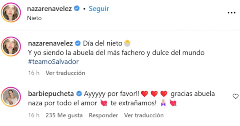 Nazarena Vélez saludó a Salvador por el Día del Nieto y Barbie Vélez reaccionó emocionada