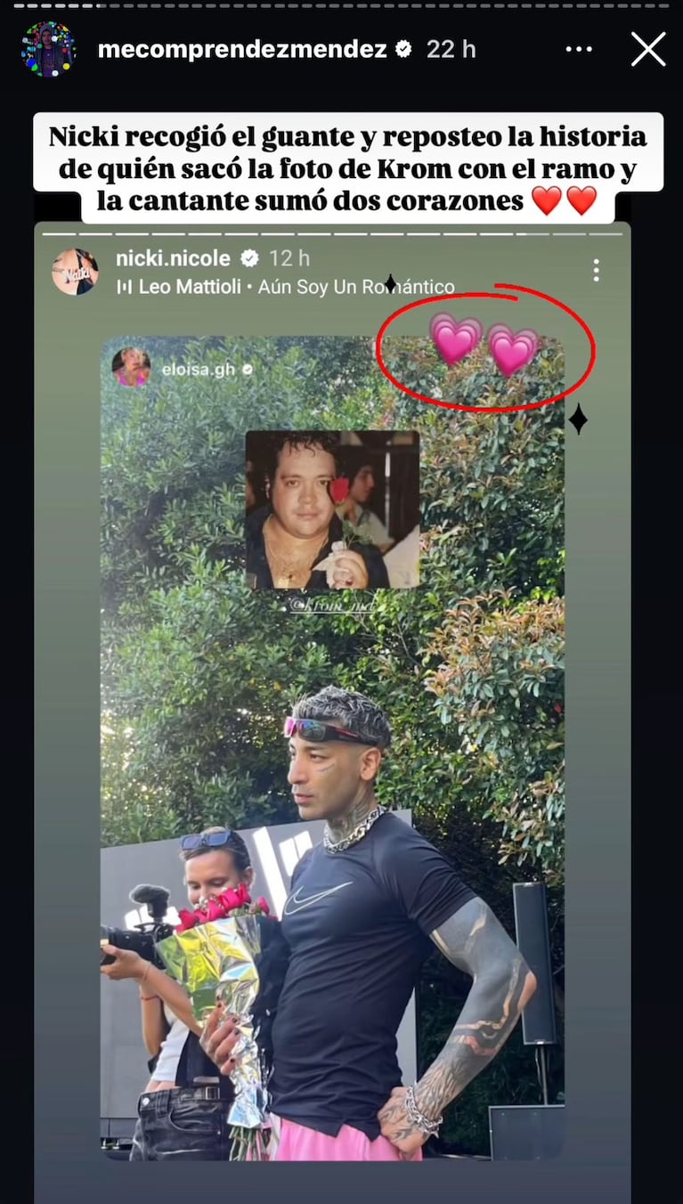 Nicki Nicole reposteó la historia de la foto de Krom, su supuesto nuevo amor (Foto: captura de @mecomprendezmendez)