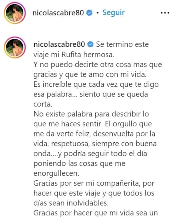 Nico Cabré le dedicó un conmovedor posteo a Rufina con una dulce foto de sus vacaciones juntos