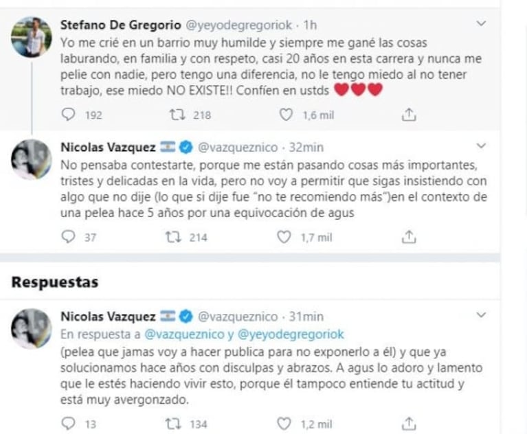 Nico Vázquez cruzó duro a Stefano de Gregorio: "Seguís demostrando lo mala persona que sos; ¡qué decepción!"