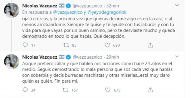 Nico Vázquez cruzó duro a Stefano de Gregorio: "Seguís demostrando lo mala persona que sos; ¡qué decepción!"