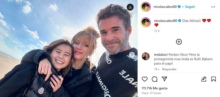 Nicolás Cabré con su hija y su novia en sus redes sociales.