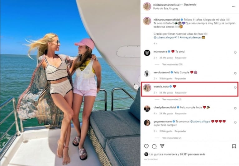 Nicole Neumann celebró el cumpleaños de Allegra en un yate con Manu Urcera y Wanda Nara le regaló un "like"