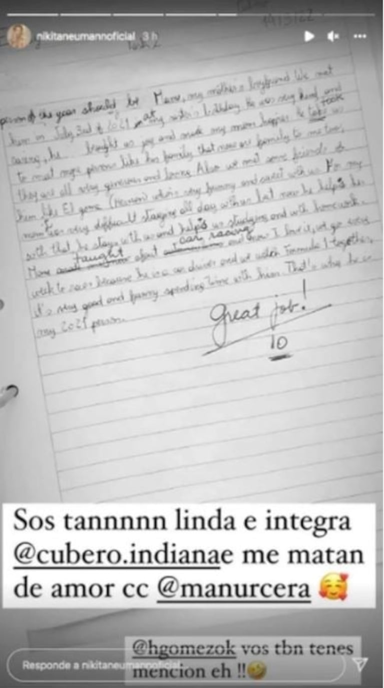 Nicole Neumann mostró la significativa carta que escribió Indiana Cubero sobre Manu Urcera