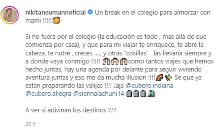 Nicole Neumann se reencontró con sus hijas tras su viaje y lanzó un suspicaz mensaje: "Si no fuera por el cole y otras cosillas, las llevaría siempre conmigo"