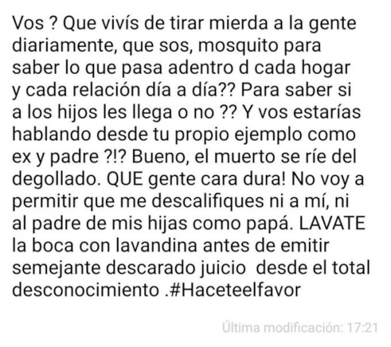 Nicole Neumann, tras los cuestionamientos de Jorge Rial: "¿Hablás como ejemplo de padre y ex? Qué caradura"