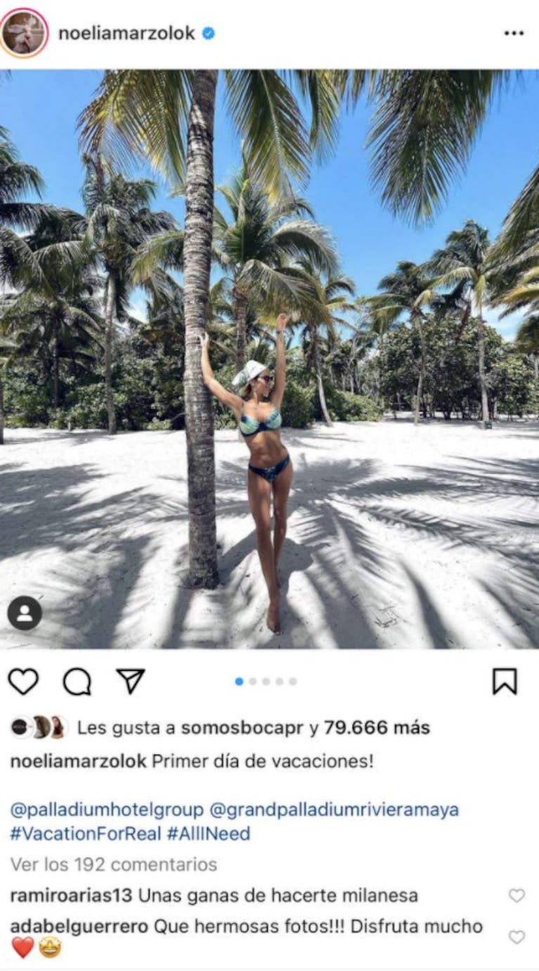 Noelia Marzol posó en las playas de Cancún y su marido le dedicó un pícaro mensajito: "Unas ganas de hacerte milanesa"